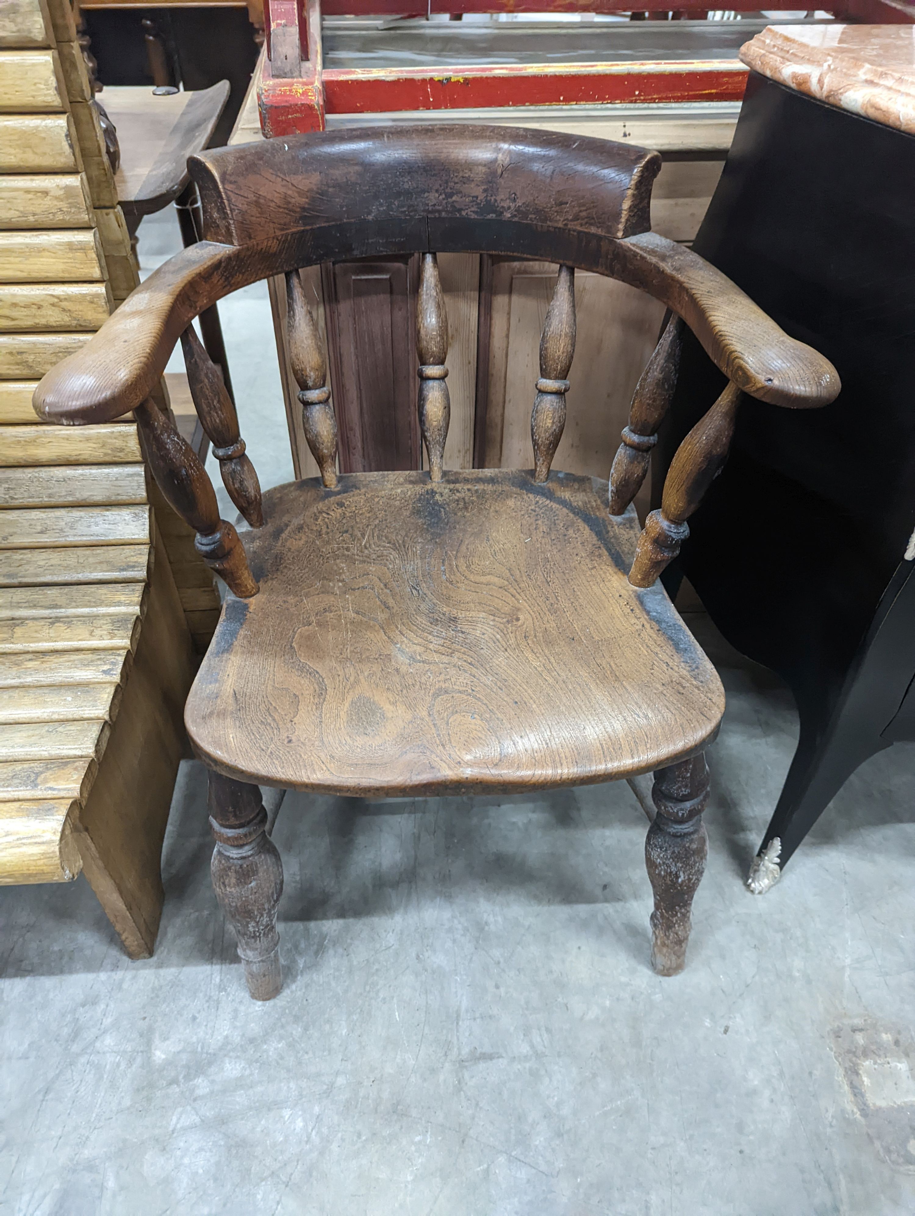 A Victorian elm and beech smoker's bow chair together with a provincial wood seat chair